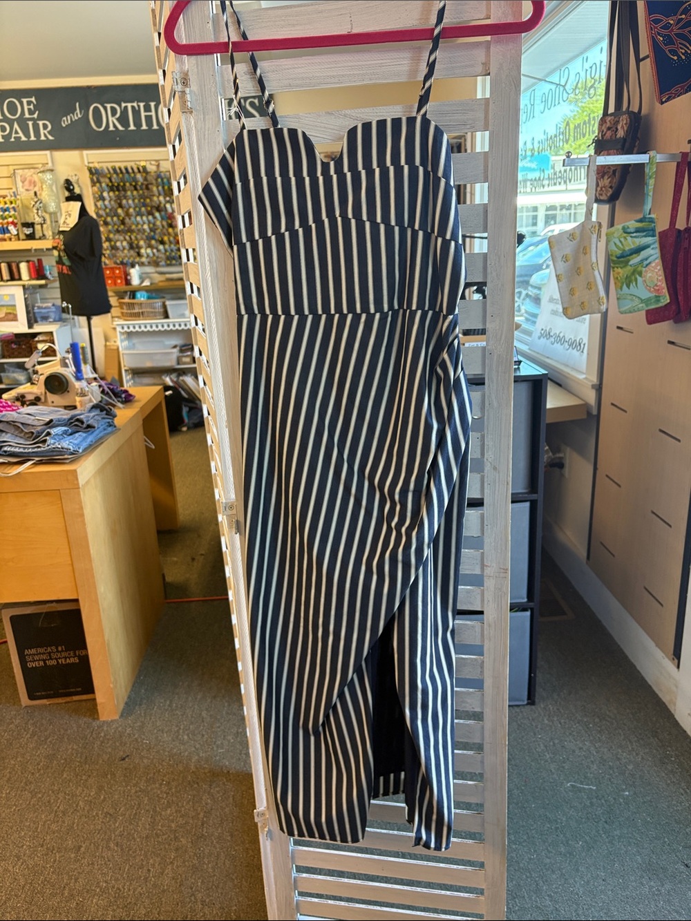 bishop + young Navy and White Striped Strapless Maxi Dress